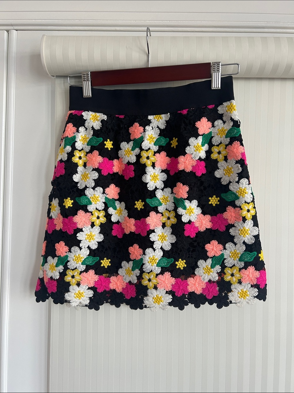 Milly Black Mini Skirt with Multicolor Floral Crochet